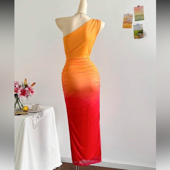 SHEIN One-Shoulder Orange Red Ombre Dress - Picture 2 of 8